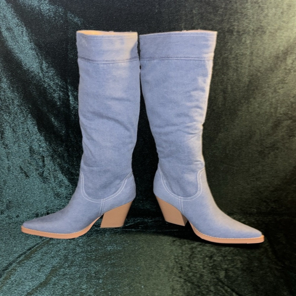 Vivianly Pointy Toe Denim Knee Boots w Chunky Heel Cowgirl Boot, Blue, 10, NWT - Picture 5 of 16